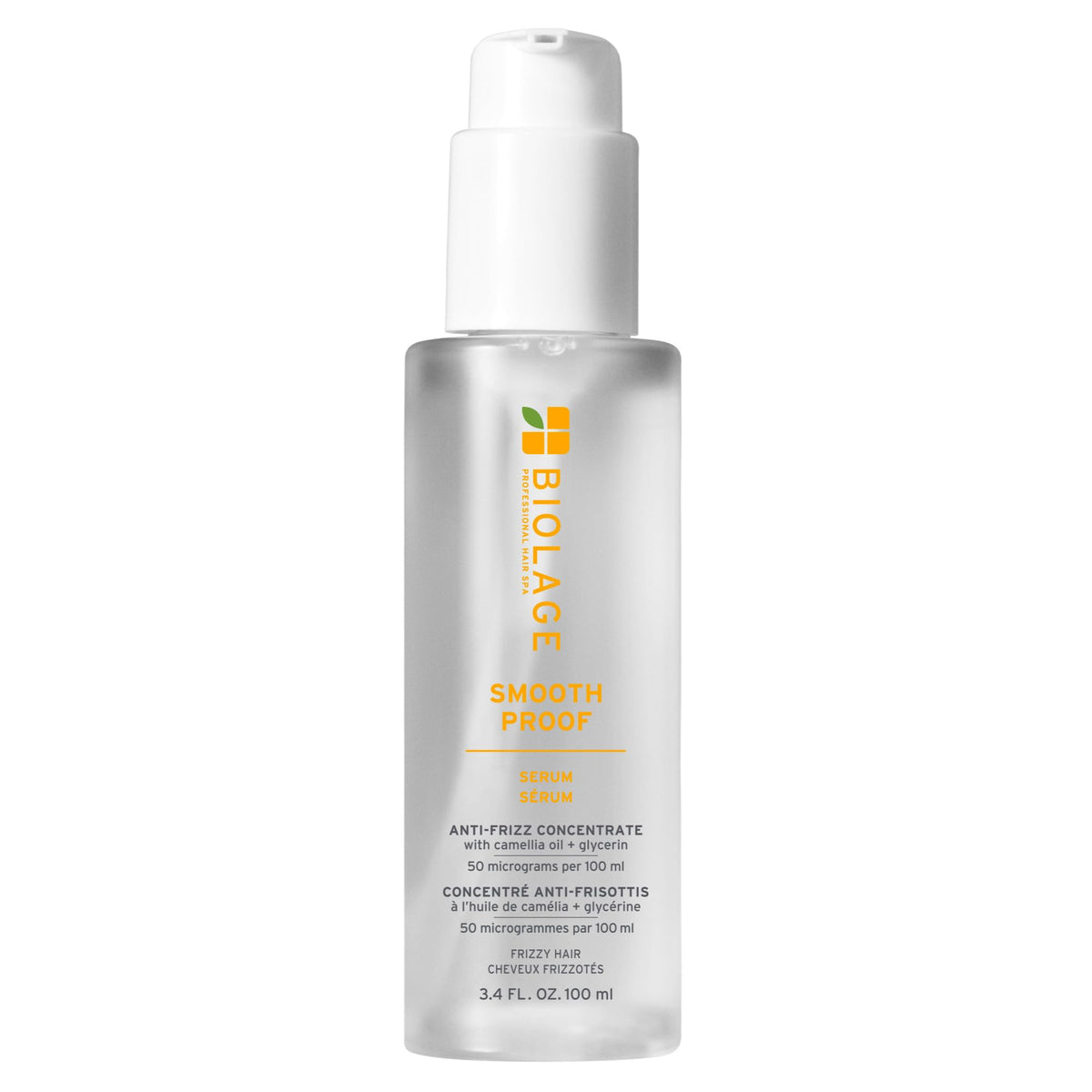 Biolage bottle front view showing sleek packaging and anti-frizz benefit
