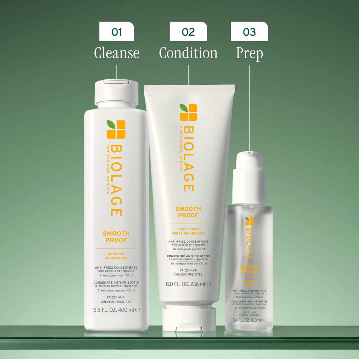 Biolage serum next to a hand for size comparison and travel-friendly benefit