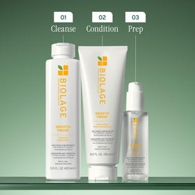 Biolage Smooth Proof shampoo in shower scene illustrating effortless cleansing benefit