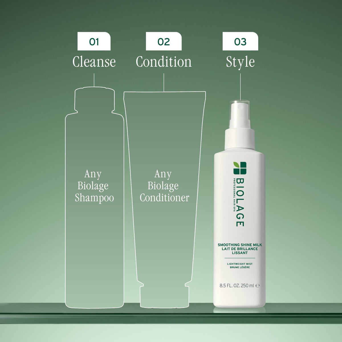 Biolage Smooth Shine Milk next to hand for size scale and easy travel benefit