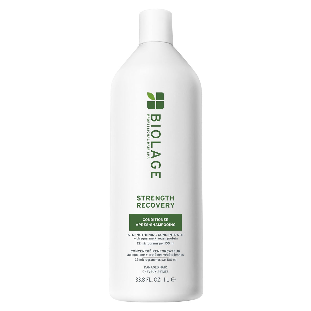 Biolage front bottle shows product branding and benefits for stronger hair