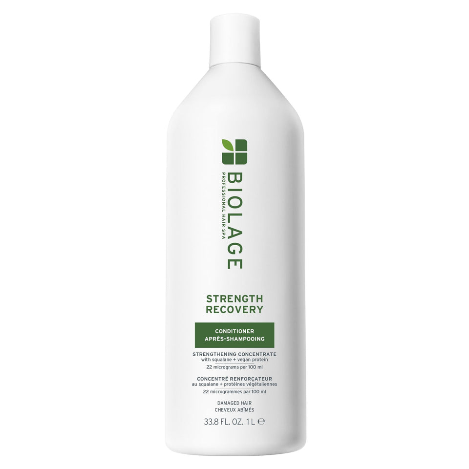 Biolage front bottle shows product branding and benefits for stronger hair