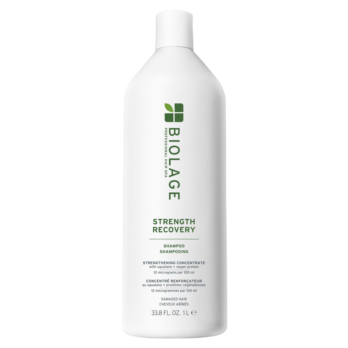 Biolage front bottle showing Strength Recovery benefits and clean design