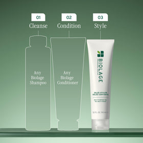 Biolage applied to damp hair showing frizz control and styling benefit