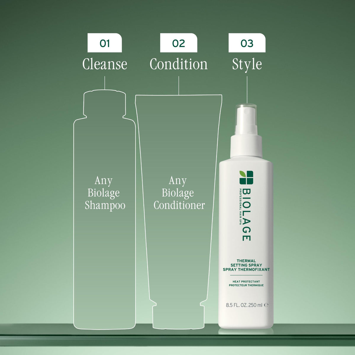 Biolage thermal setting spray applied to damp hair prepping strands for heat styling