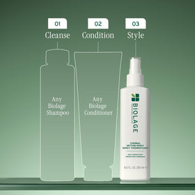 Biolage thermal setting spray applied to damp hair prepping strands for heat styling