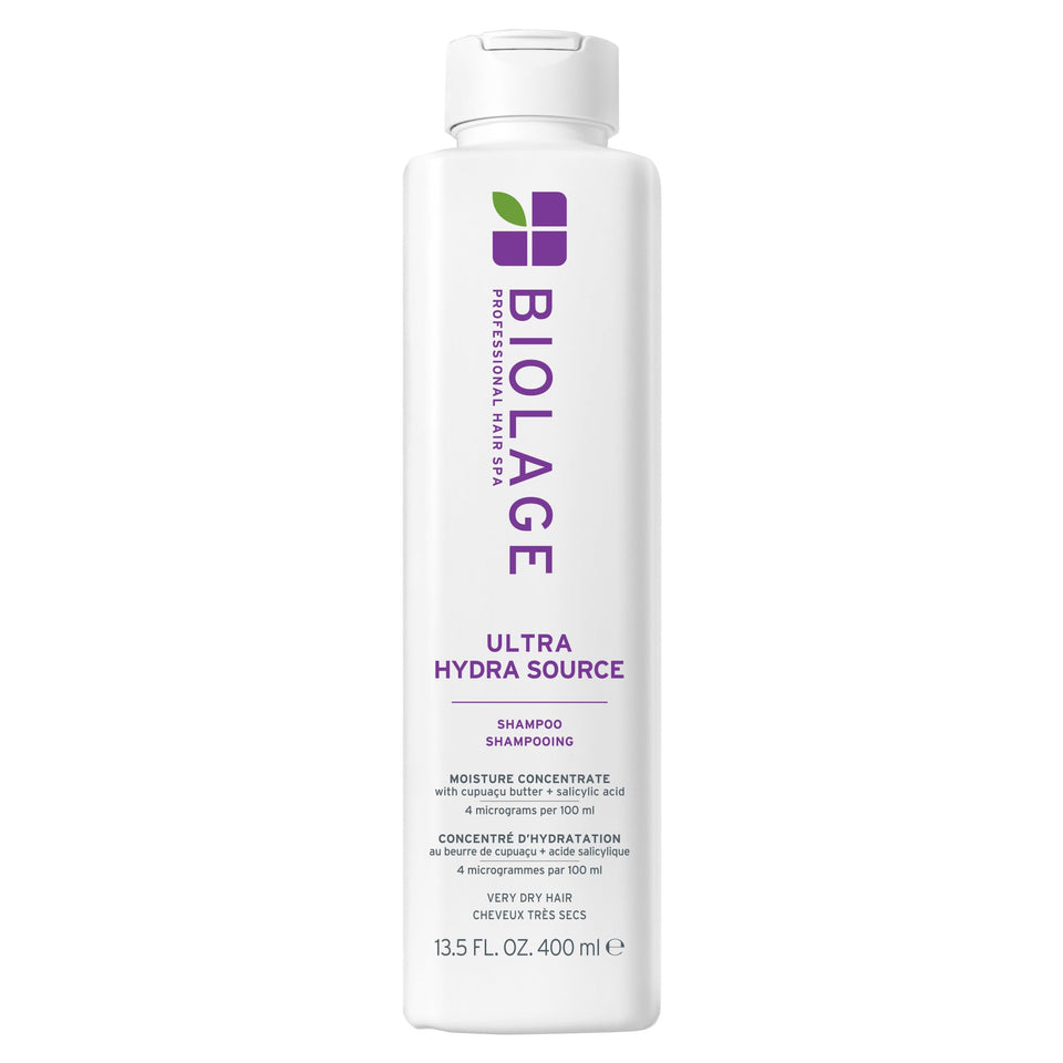 Biolage front bottle showing Ultra Hydra Source branding and benefits