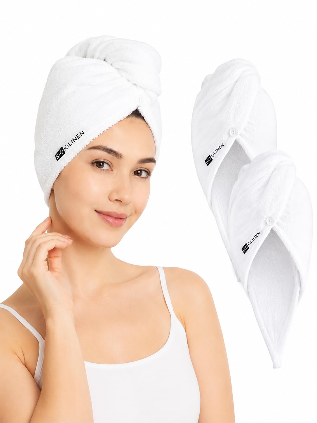 BIOLINEN three-pack front view showing white turbans and compact packaging benefit convenience