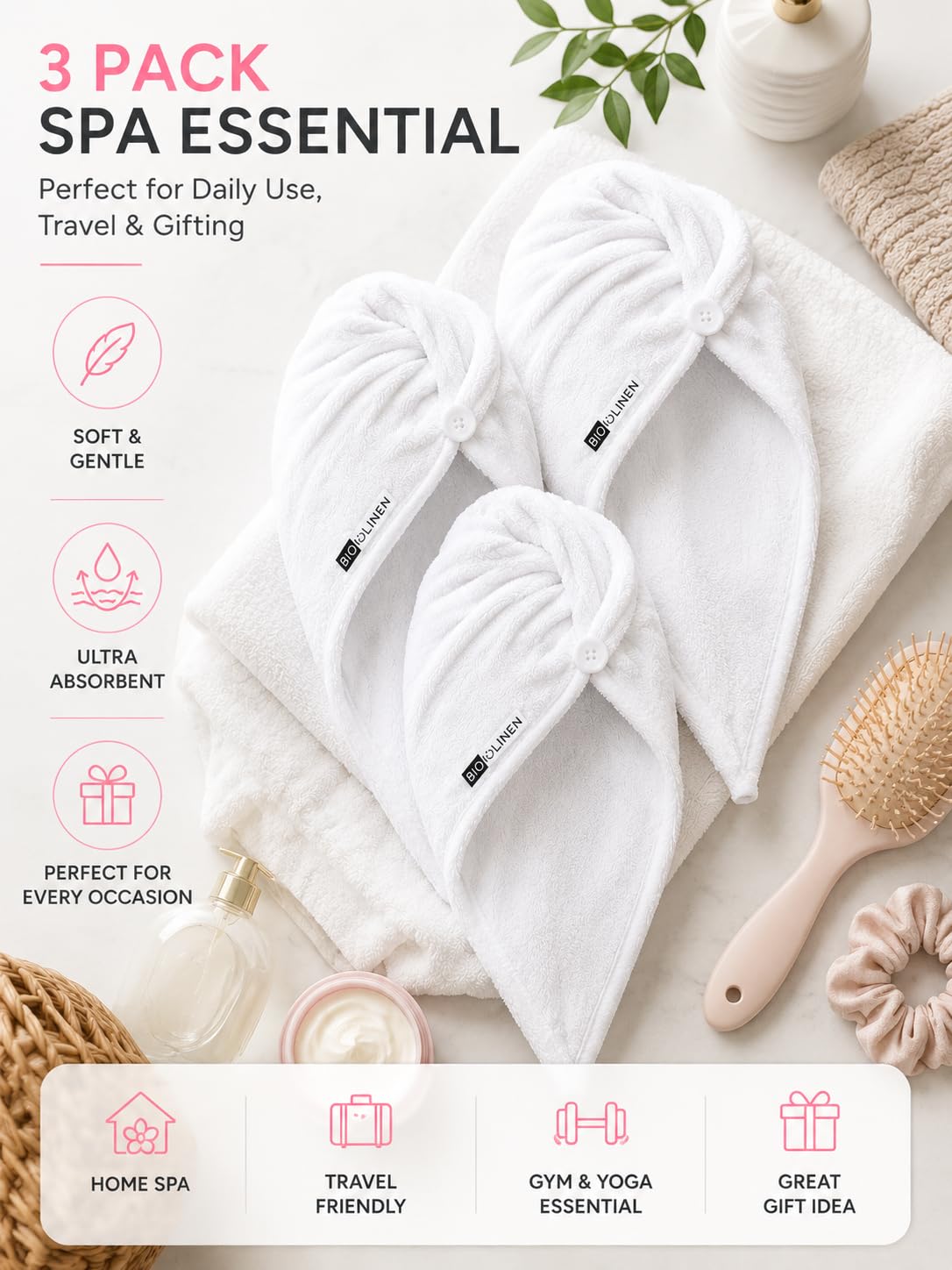 BIOLINEN turban placed on bathroom vanity showing travel-ready convenience and neat storage benefit