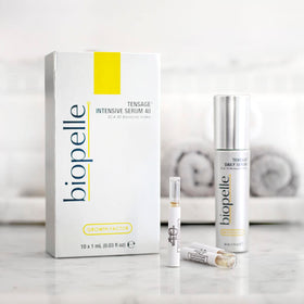 biopelle on bathroom vanity beside skincare items suggesting professional routine benefit