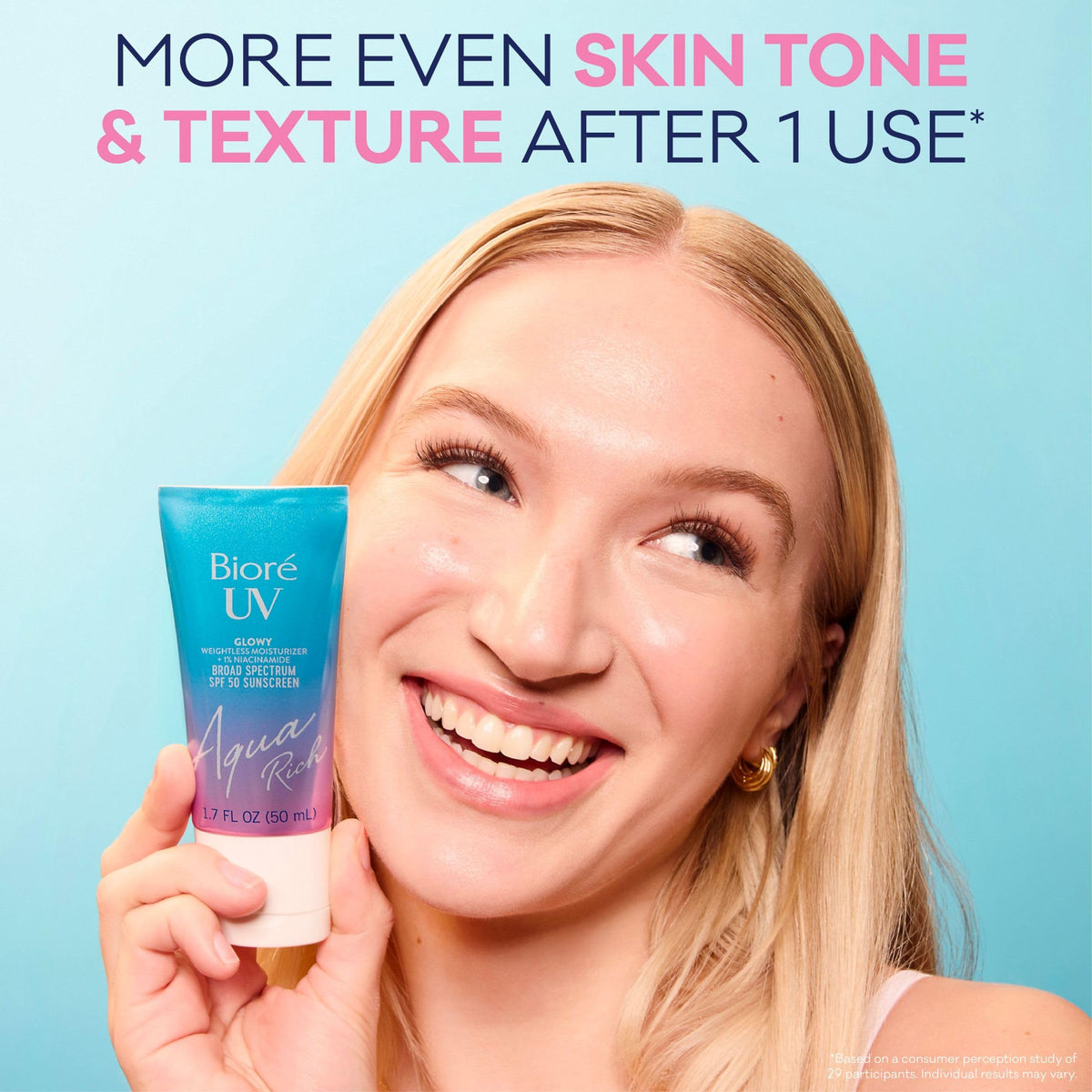 Bioré applied to skin demonstrating smooth blend and luminous finish benefit