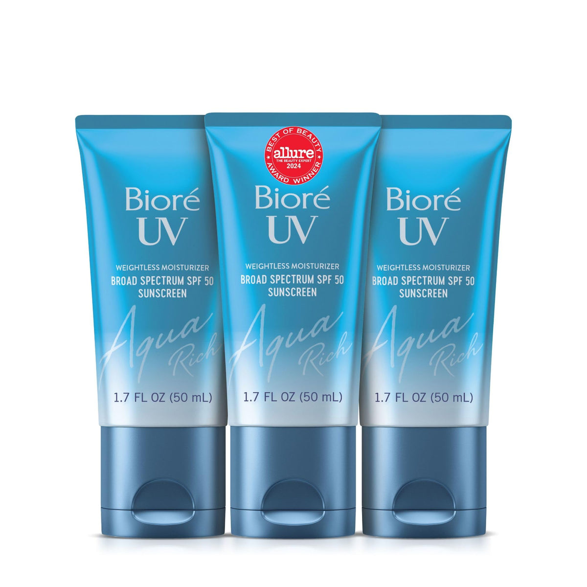 Biore front packaging showing SPF 50 and benefits for quick identification