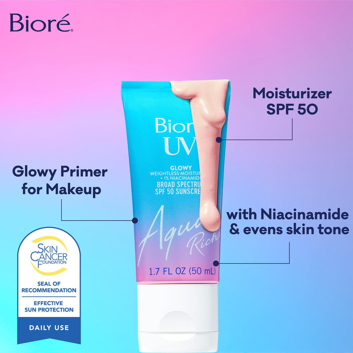Bioré label with ingredients showing niacinamide and hyaluronic acid benefit