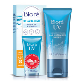 Biore front packaging showing Aqua Rich SPF 50 protecting skin
