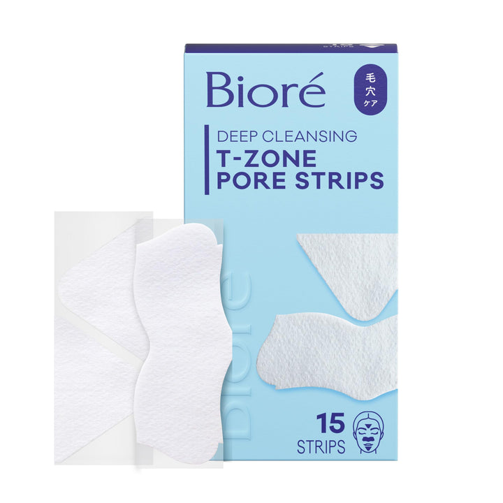 Bioré front packaging showing 15-count T-zone pore strips and benefits