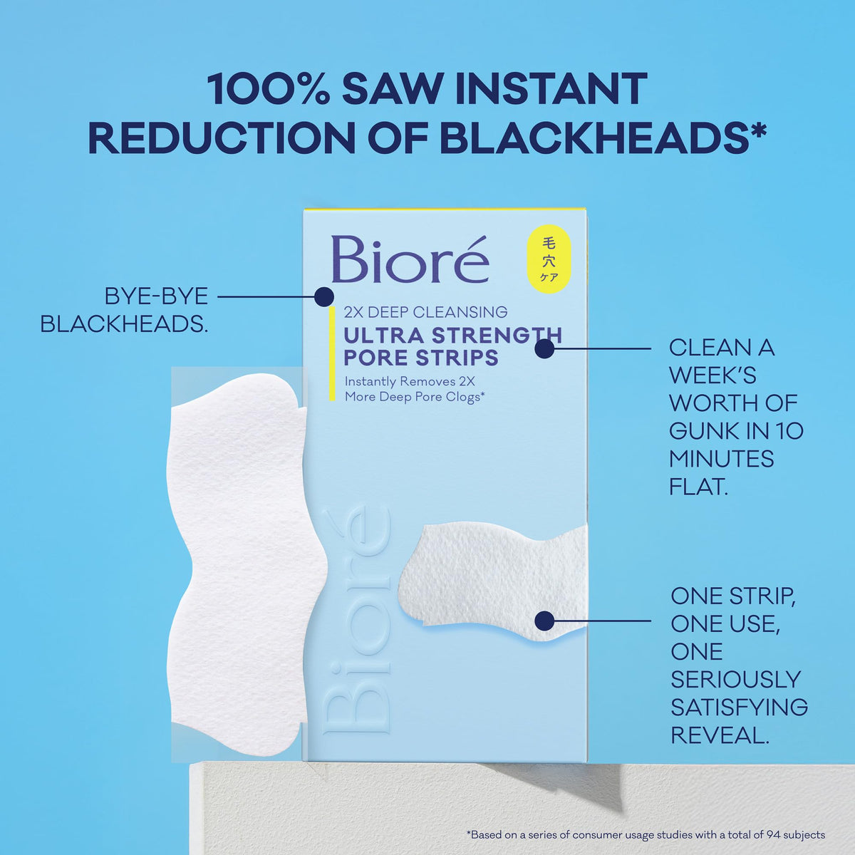 Bioré pore strip staged on bathroom counter suggesting routine benefit
