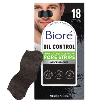 Bioré packaging front view showing men's charcoal pore strips and benefits