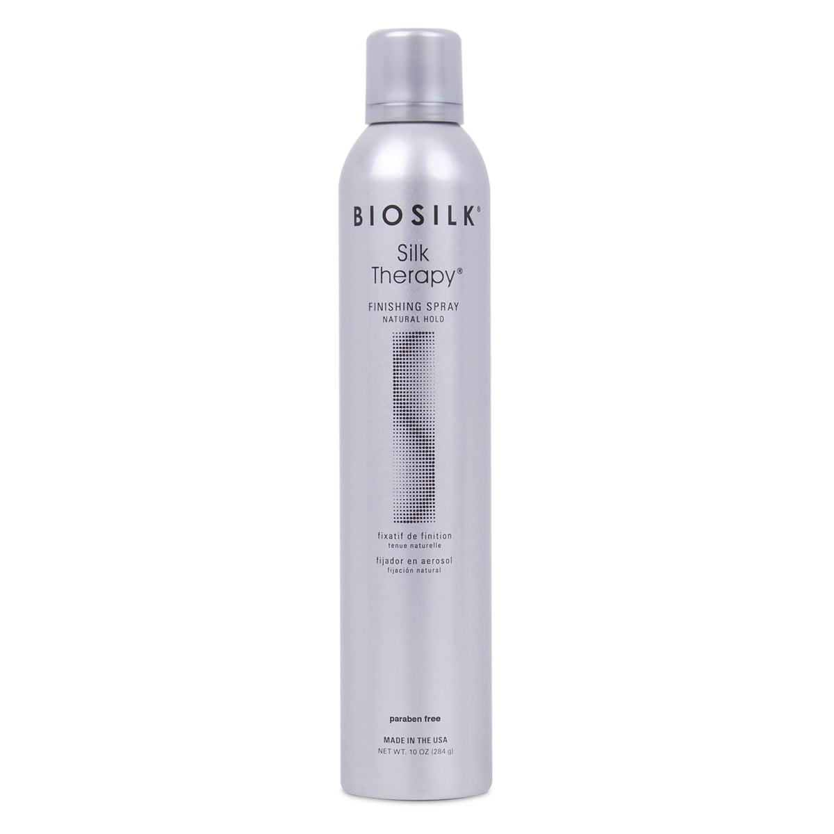 BioSilk finishing spray front packaging shows product and benefits