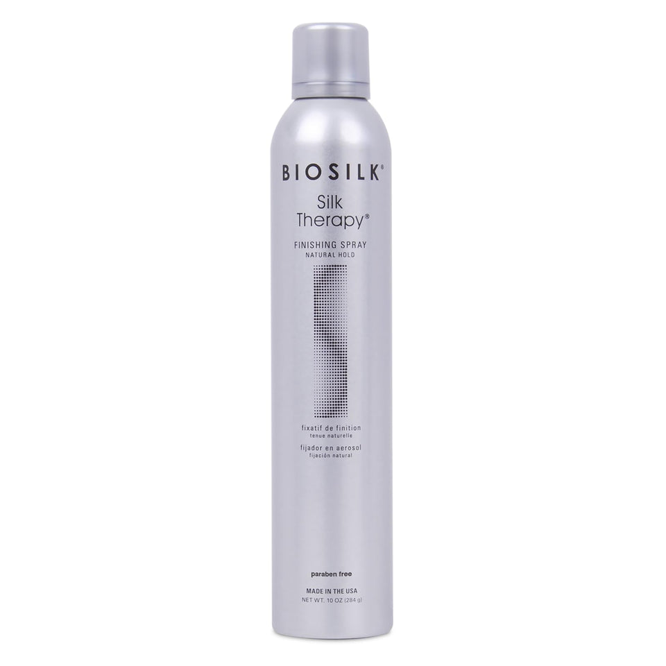 BioSilk finishing spray front packaging shows product and benefits