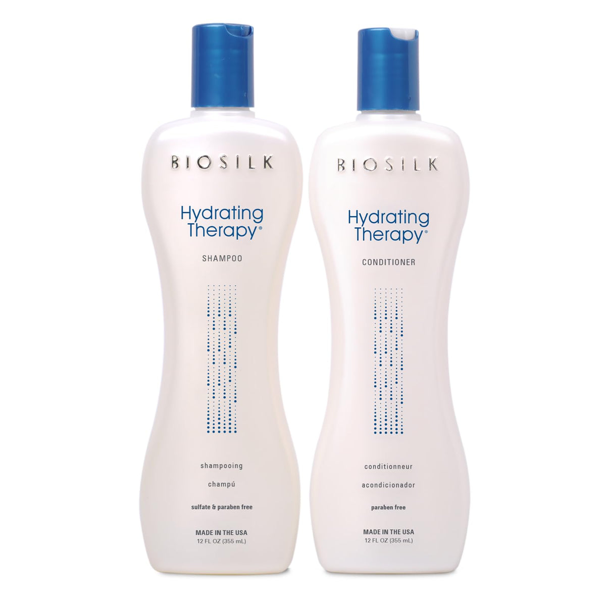 BioSilk front packaging showing shampoo and conditioner for hydrated hair and shine