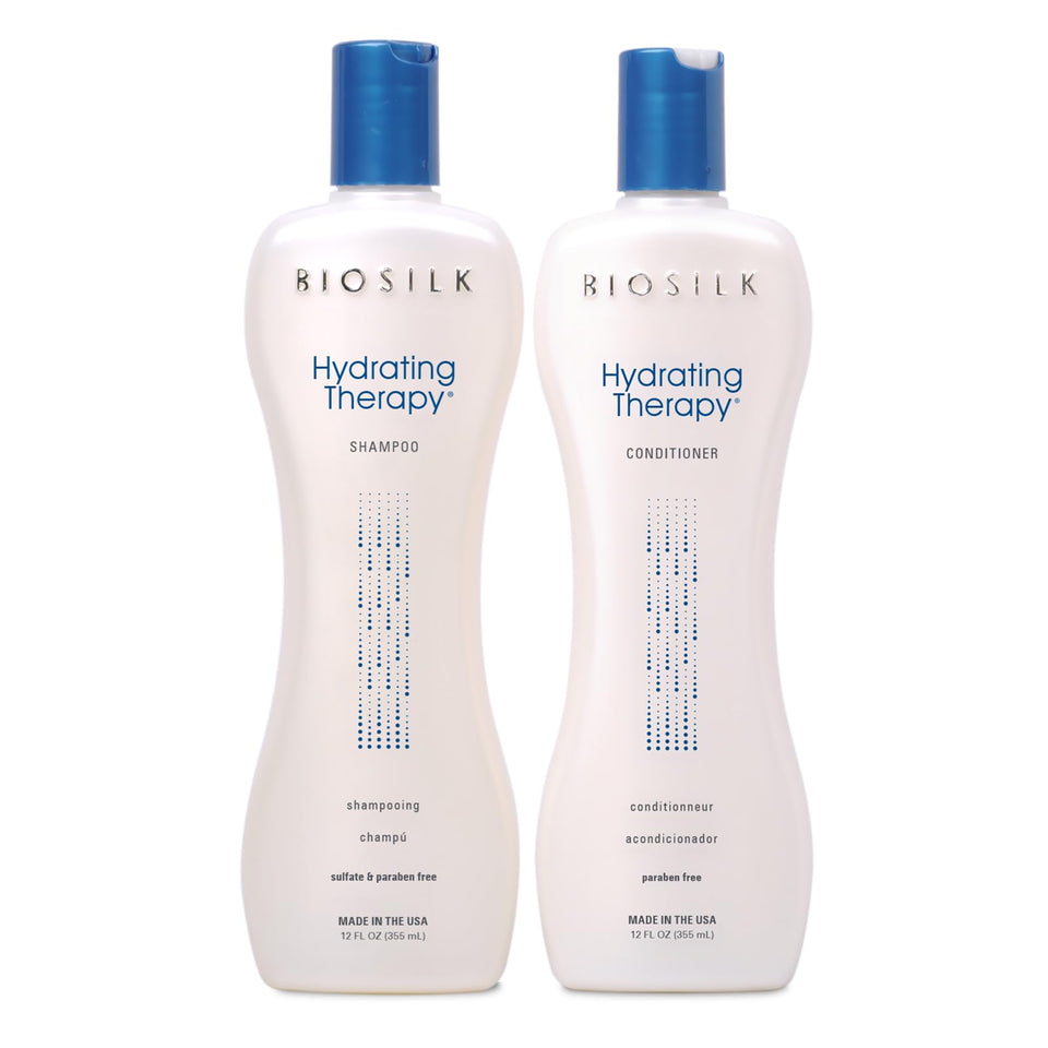 BioSilk front packaging showing shampoo and conditioner for hydrated hair and shine