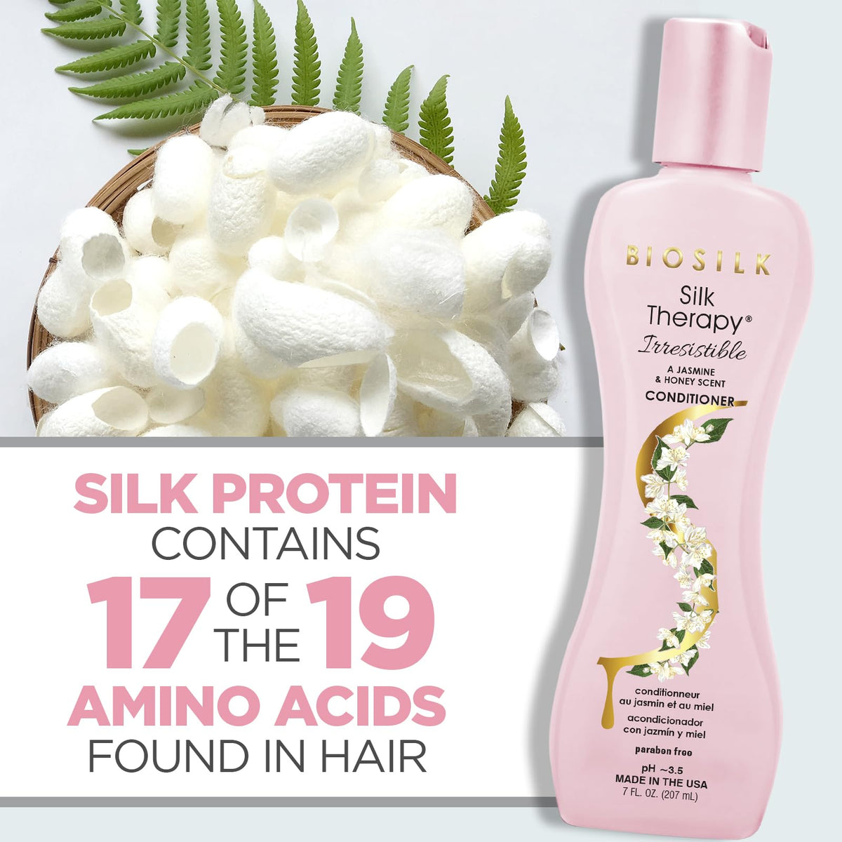BioSilk label close-up highlighting silk proteins and sulfate-free claim for gentle care