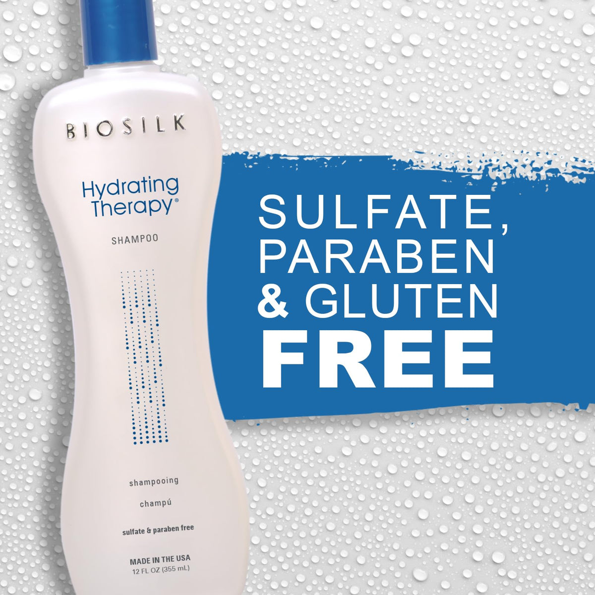 Hand holding BioSilk shampoo showing 12 oz scale and travel-friendly benefit