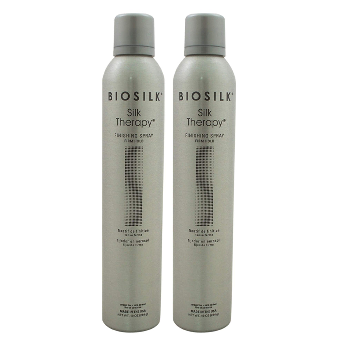 BioSilk finishing spray front view shows label and sleek can for long-lasting shine