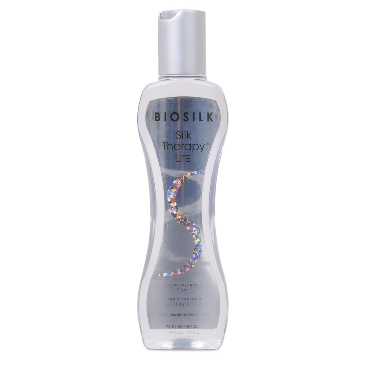 BioSilk front bottle showing lightweight treatment and soft shine benefit