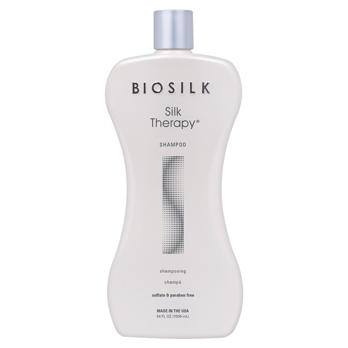 BioSilk front bottle showing label and 34 oz size for long lasting use