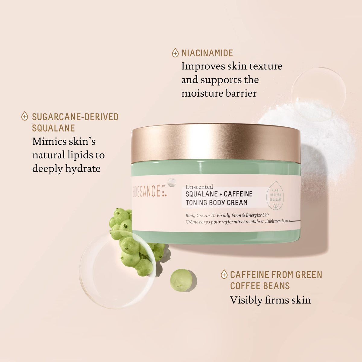BIOSSANCE applying cream to thigh demonstrating toning massage benefit