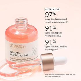 BIOSSANCE bottle with ingredients flatlay highlighting natural actives