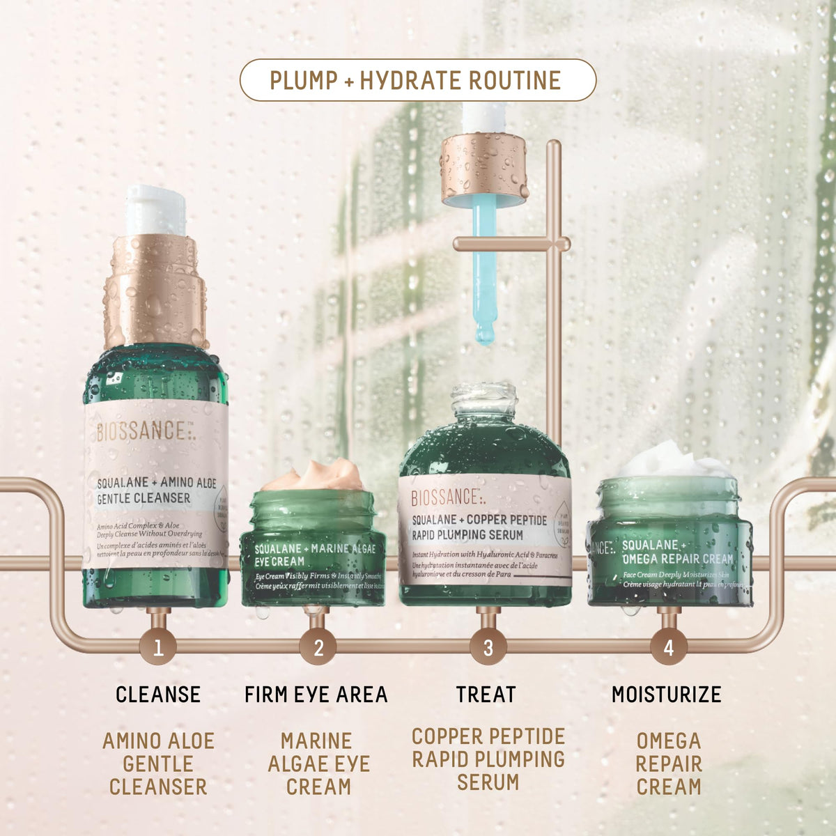 BIOSSANCE copper peptide rapid plumping serum dropper showing precise dosing