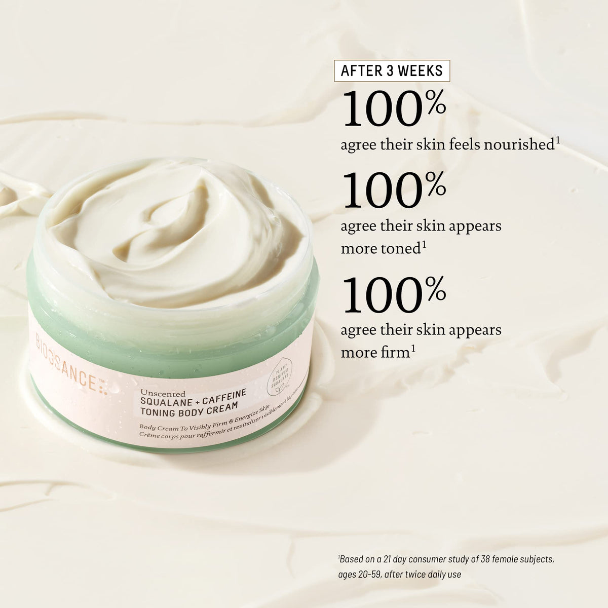 BIOSSANCE cream texture close-up highlighting lightweight absorption benefit