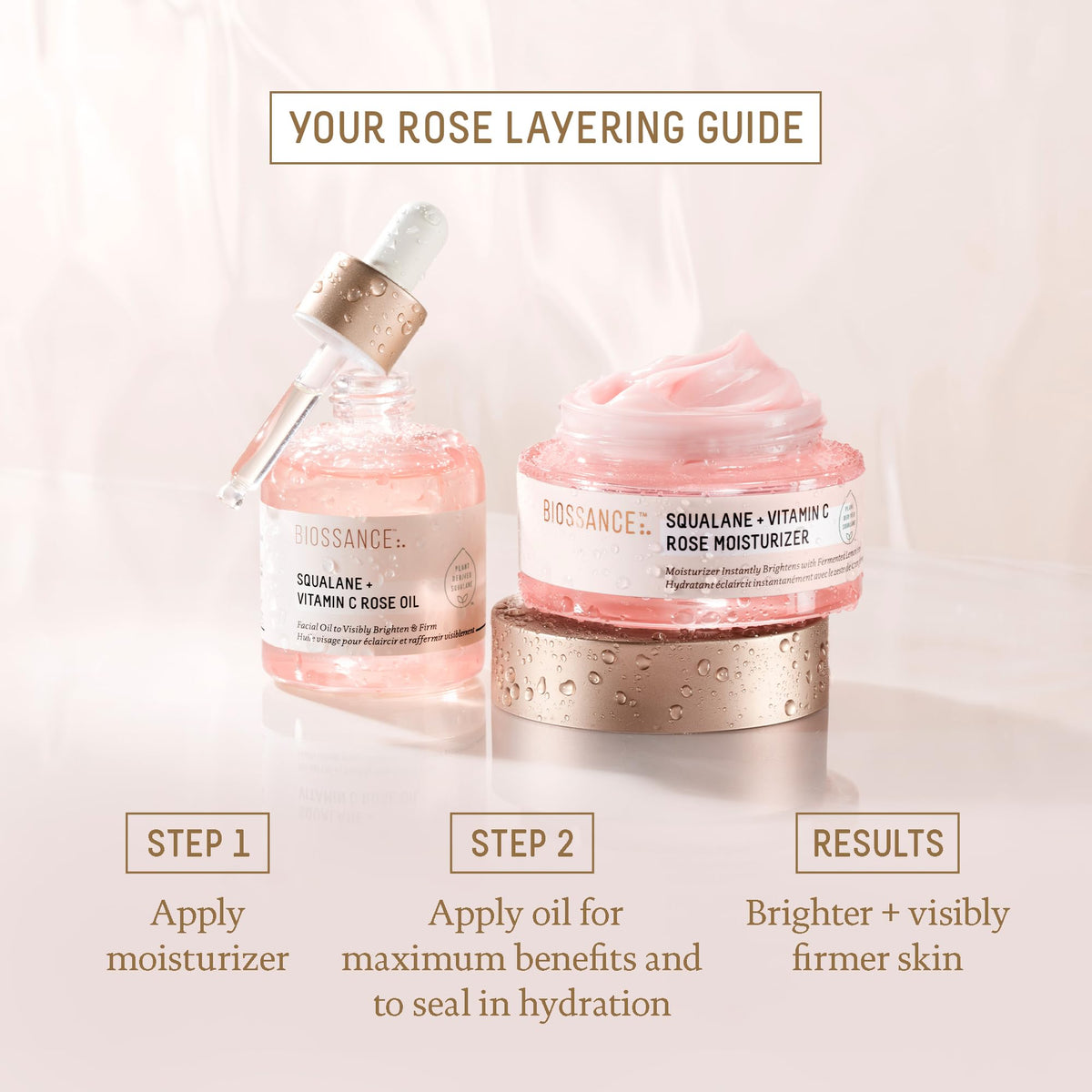 BIOSSANCE product staged with serum and sunscreen showing morning layering benefit