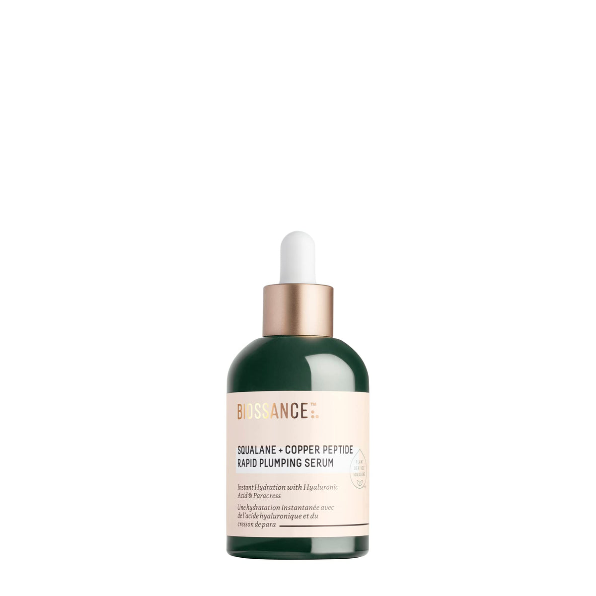 BIOSSANCE front bottle showing squalane copper peptide serum benefits