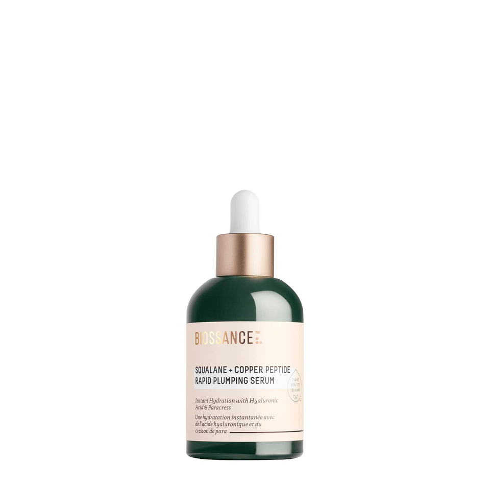 BIOSSANCE front bottle showing squalane copper peptide serum benefits