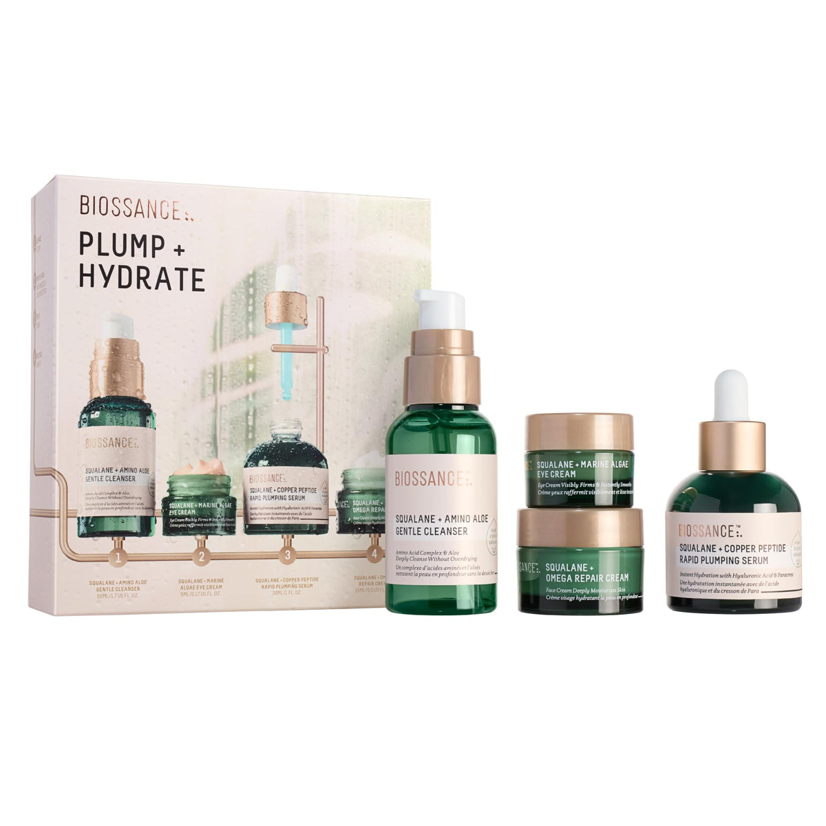 BIOSSANCE full set front packaging showing four products and benefits