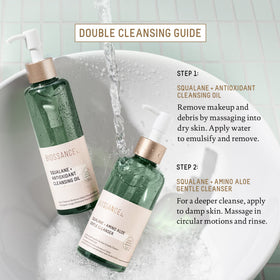 Biossance cleansing oil in hand demonstrating simple massage method