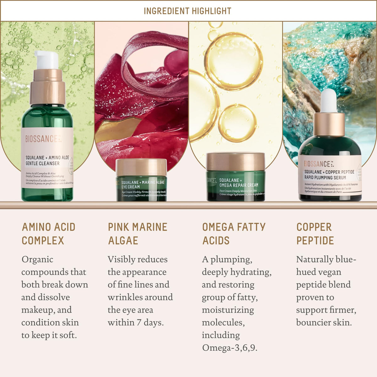 BIOSSANCE marine algae eye cream jar top highlighting targeted hydration