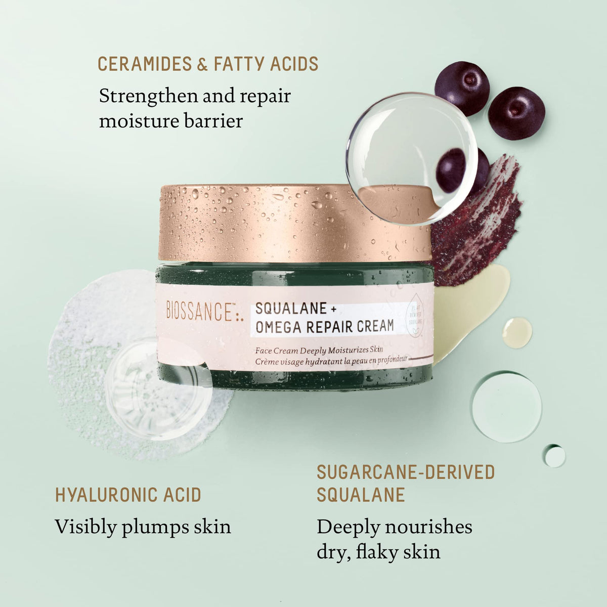 BIOSSANCE pump dispensing cream onto fingertip for controlled, hygienic use benefit