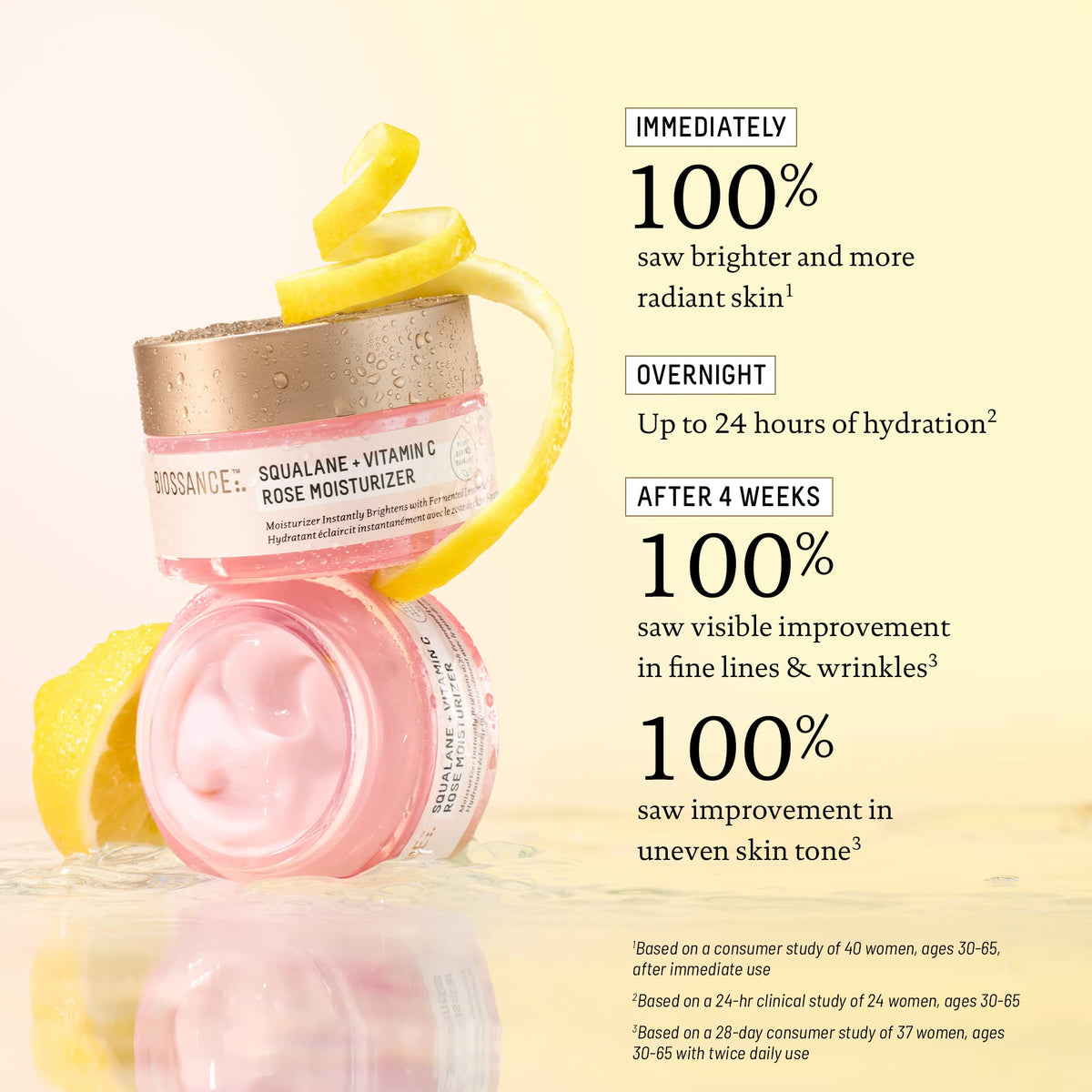 BIOSSANCE Damascus rose botanicals arranged to show nourishing botanical benefits