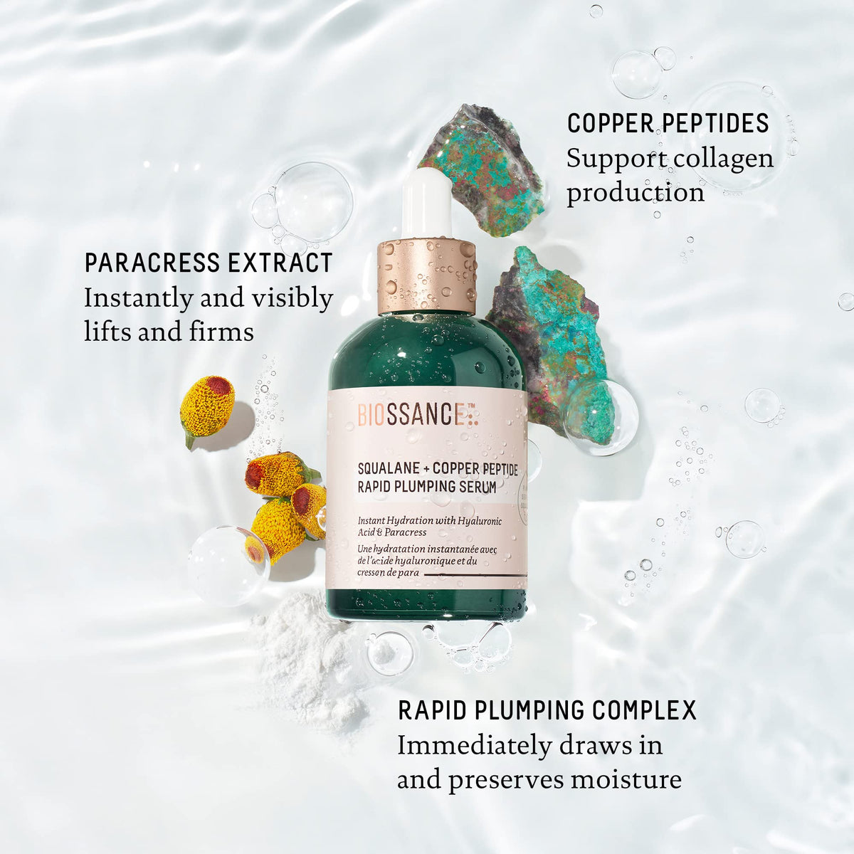 Close-up of Biossance label highlighting vegan copper peptides and ingredient clarity