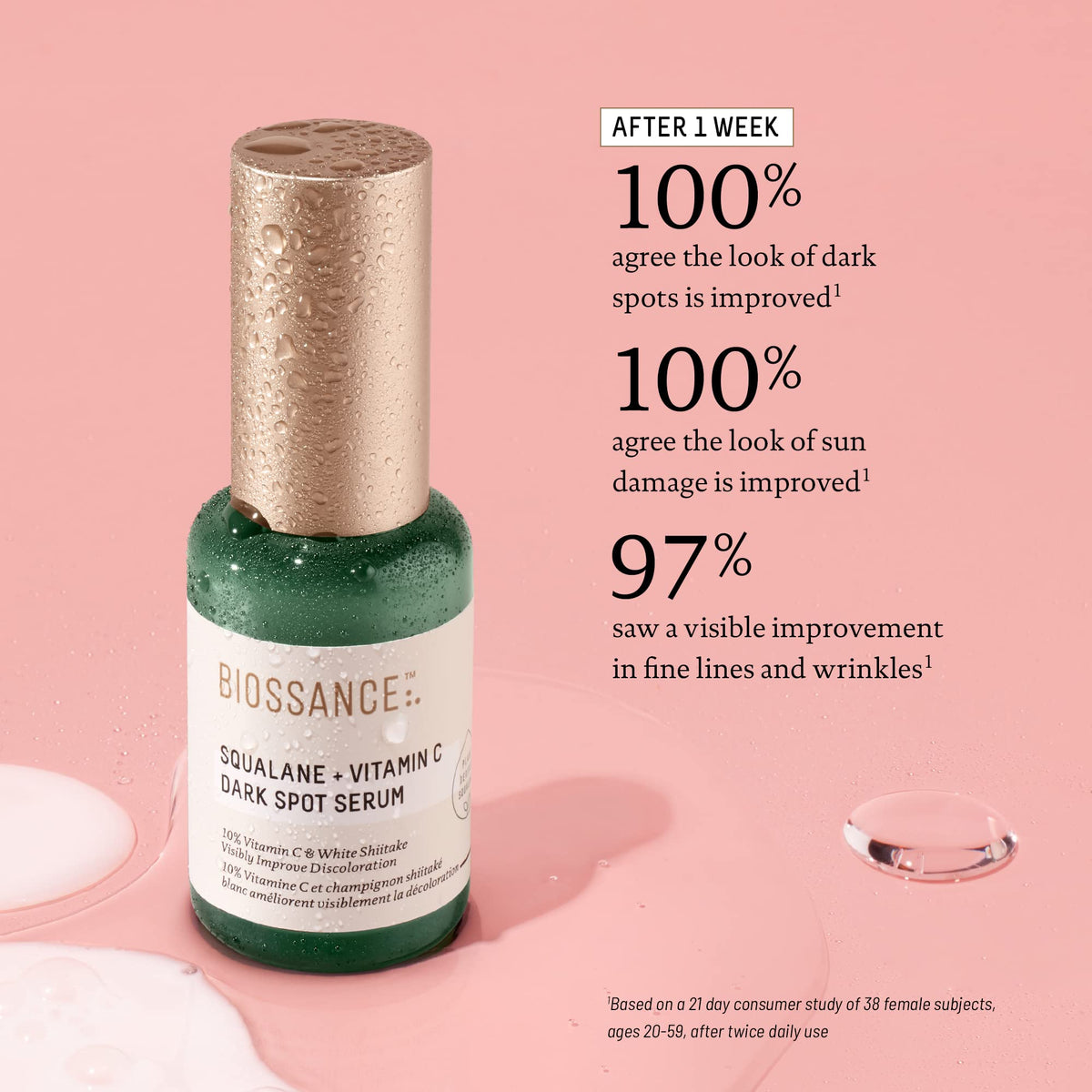 Biossance serum spread on skin closeup showing quick absorption and smooth finish