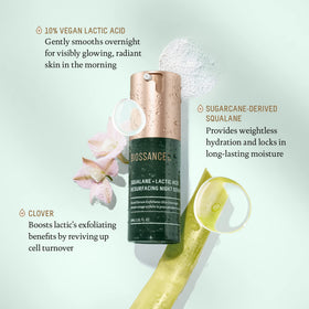 Biossance ingredients arranged with squalane and lactic acid highlighting key benefits