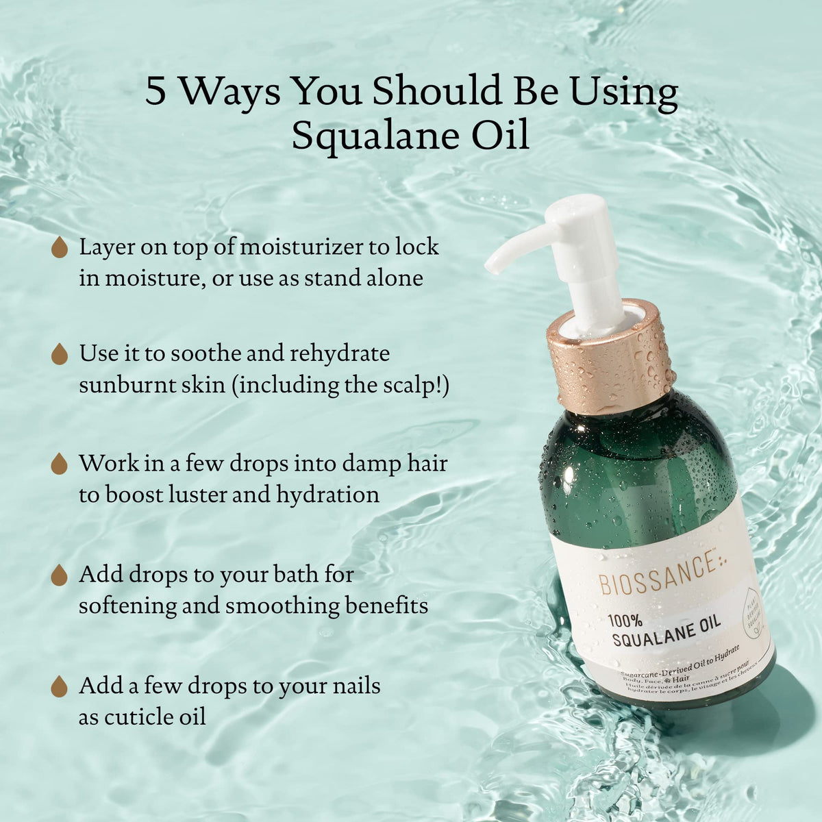 BIOSSANCE dropper dispensing oil, highlights precise application benefit