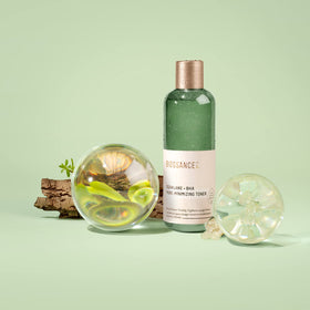 Biossance toner close-up label highlighting active ingredients and clear formulation benefits