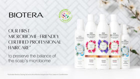 Biotera color-safe bottle beside colored hair preserving shine