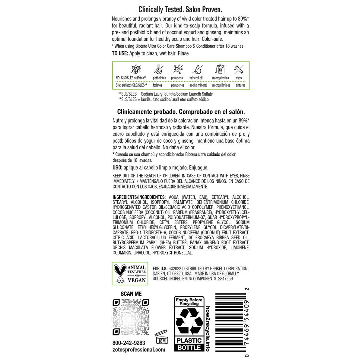 Biotera back label showing directions and microbiome-friendly certification