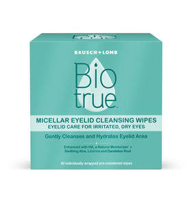 Biotrue front packaging showing 30-count wipes and clear branding benefits